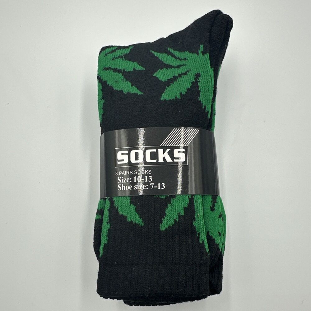 Men's Sports Leaf Weed Marijuana Crew Cotton Long Socks Size 10-13 (3 Pair Pack)